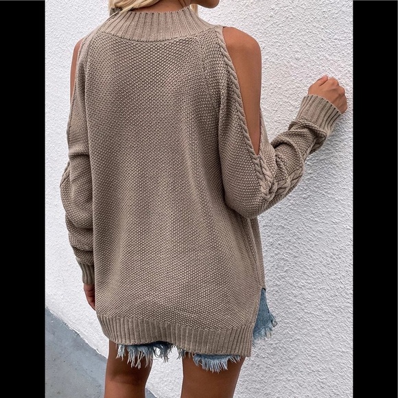 Dune Taupe Cable Knit Open Shoulder Boho Sweater Top In The Relaxed Fit - Picture 4 of 6